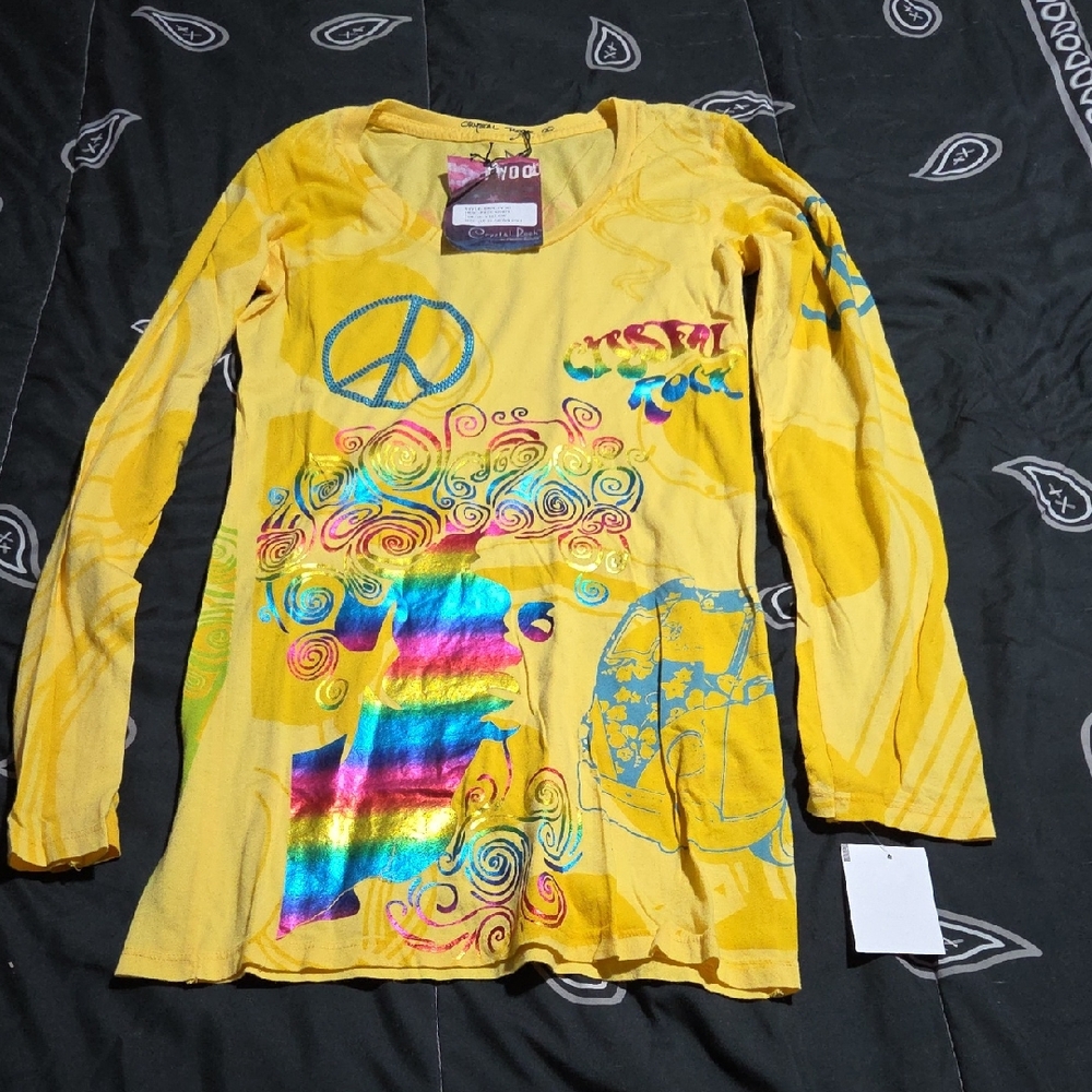 Christian Audigier Yellow Long Sleeve Tee Vibrant Graphic